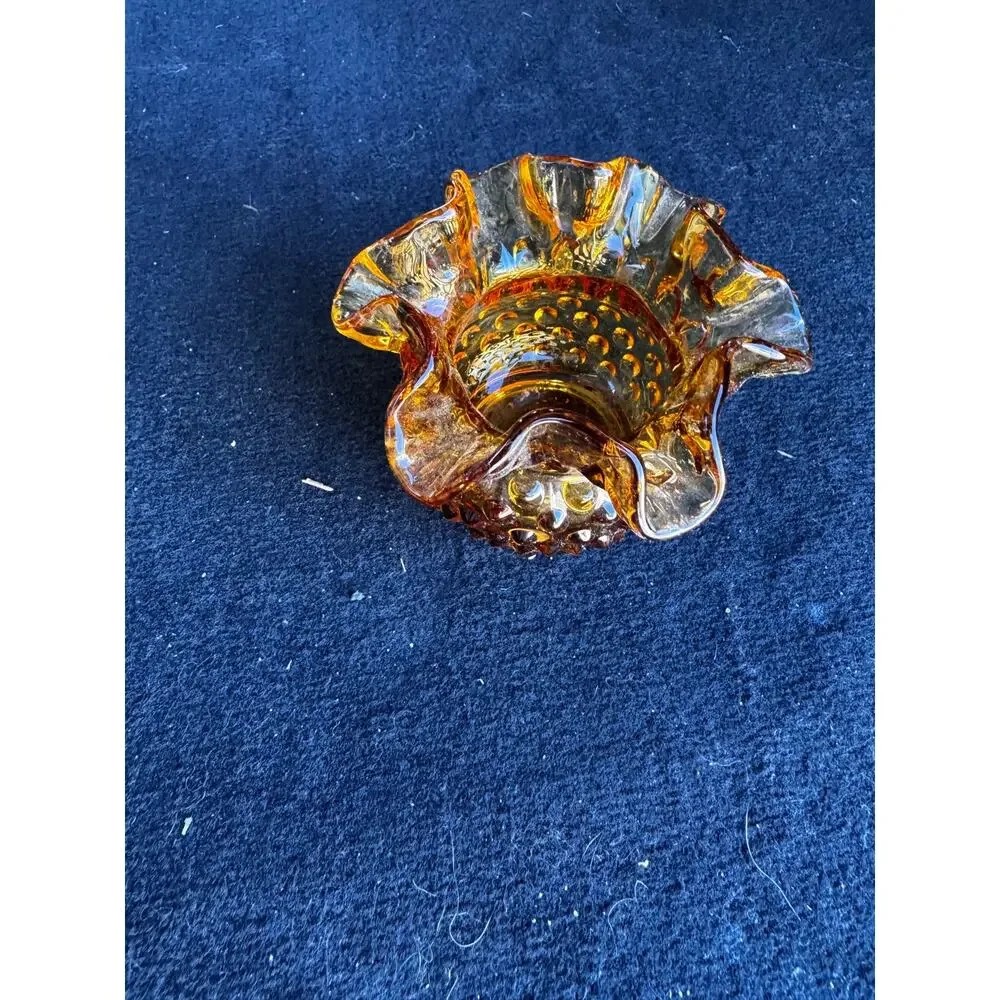 Fenton Art Glass Colonial Amber Hobnail mini vase double crimped ruffled rim 70s